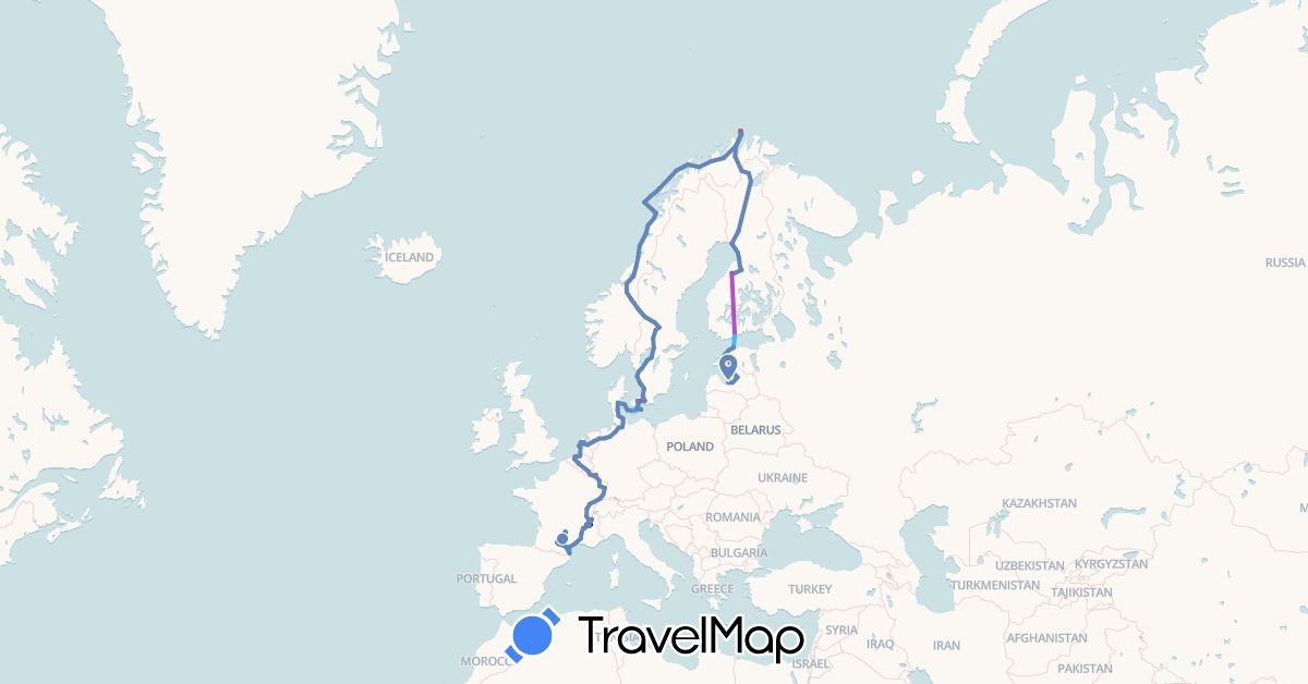 TravelMap itinerary: driving, cycling, train, hiking, boat in Belgium, Germany, Denmark, Estonia, Finland, France, Luxembourg, Latvia, Netherlands, Norway, Sweden (Europe)